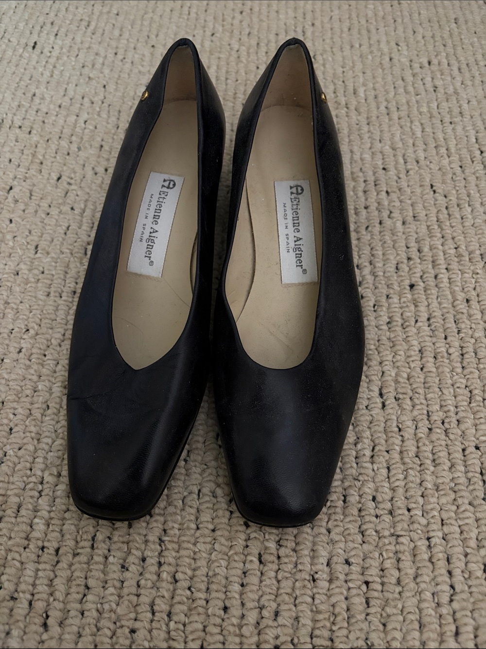 Etienne Aigner Dark Navy Blue Leather Square-Toe Flats